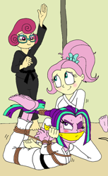 Size: 640x1045 | Tagged: safe, artist:bugssonicx, derpibooru import, edit, aria blaze, fluttershy, posey shy, human, equestria girls, blushing, bondage, bound and gagged, cloth gag, cropped, cute, gag, karate, rope, rope bondage, shyabetes, taekwondo, tied up