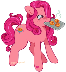 Size: 1141x1247 | Tagged: safe, artist:beetlepaws, derpibooru import, pony, g3, brown eyes, cinnamon breeze, cinnamon bun, dessert, eyes open, food, hoof heart, mouth hold, pink, pink hair, pink mane, pink tail, simple background, solo, tail, transparent background, underhoof