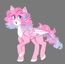 Size: 1923x1916 | Tagged: safe, artist:cartoonsams, derpibooru import, oc, pegasus, pony, coat markings, feathered wings, female, female oc, folded wings, hairclip, heart, hooves, looking at you, open mouth, pegasus oc, pegasus wings, pink coat, raised hoof, raised leg, smiling, smiling at you, solo, tail, two toned mane, two toned tail, wavy hair, wavy mane, wavy tail, wings