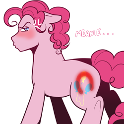 Size: 1200x1200 | Tagged: safe, artist:princeofrecycling, derpibooru import, bubble berry, pinkie pie, earth pony, pony, blushing, cross-popping veins, ears, emanata, floppy ears, hoofprint, implied spanking, looking at you, looking back, looking back at you, male, rule 63, simple background, solo, stallion, white background