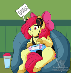 Size: 1464x1500 | Tagged: safe, artist:blueberrysnow, derpibooru import, apple bloom, earth pony, pony, beanbag chair, bow, choker, clothes, controller, dexterous hooves, dialogue, female, filly, foal, gamer, gaming, gaming headset, hair bow, headphones, headset, heterochromia, microphone, post-transformation, sitting, solo, speech bubble, tongue, tongue out, underhoof