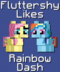 Size: 1080x1300 | Tagged: safe, artist:silk-rose, derpibooru import, fluttershy, rainbow dash, blushing, drop shadow, female, flutterdash, lesbian, patterned background, pixel art, shipping, text, upscaled