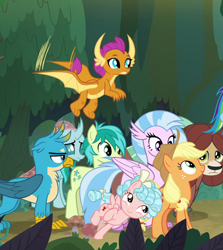 Size: 534x600 | Tagged: safe, derpibooru import, edit, edited screencap, screencap, applejack, cozy glow, gallus, ocellus, sandbar, silverstream, smolder, yona, changedling, changeling, classical hippogriff, dragon, earth pony, griffon, hippogriff, pegasus, pony, yak, non-compete clause, a better ending for cozy, cozy edit, forest, student six