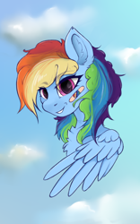 Size: 500x800 | Tagged: safe, artist:uberponya, derpibooru import, rainbow dash, pegasus, pony, bandaid, bust, chest fluff, eyebrows, eyebrows visible through hair, female, mare, sky background, solo