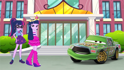 Size: 1223x689 | Tagged: safe, artist:fireluigi29, derpibooru import, sci-twi, twilight sparkle, twilight sparkle (alicorn), alicorn, human, equestria girls, canterlot high, car, cars (pixar), chick hicks, fall formal outfits, twolight