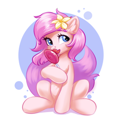 Size: 1680x1772 | Tagged: safe, artist:kittytitikitty, derpibooru import, oc, oc only, earth pony, pony, candy, ear fluff, ears, female, flower, flower in hair, food, licking, lollipop, mare, solo, tongue, tongue out