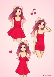 Size: 2480x3508 | Tagged: safe, artist:katputze, derpibooru import, oc, oc only, oc:crimson sunset, anthro, unicorn, cheek fluff, cherry, clothes, dress, eye clipping through hair, female, floating heart, food, heart, high res, looking at you, mare, pink background, red dress, signature, simple background, smiling, smiling at you, solo