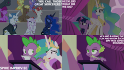 Size: 2000x1125 | Tagged: safe, derpibooru import, edit, edited screencap, editor:quoterific, screencap, berry punch, berryshine, coco crusoe, dark moon, fancypants, fleur-de-lis, graphite, junebug, princess celestia, princess luna, rainbow stars, rainbowshine, spike, twilight sparkle, twilight sparkle (alicorn), alicorn, horse play