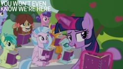 Size: 2000x1125 | Tagged: safe, derpibooru import, edit, edited screencap, editor:quoterific, screencap, berry blend, berry bliss, november rain, ocellus, sandbar, silverstream, smolder, twilight sparkle, twilight sparkle (alicorn), yona, alicorn, the end in friend, book, friendship student, magic, telekinesis