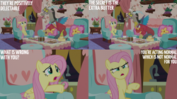 Size: 2000x1125 | Tagged: safe, derpibooru import, edit, edited screencap, editor:quoterific, screencap, discord, fluttershy, discordant harmony, chair, discord's house, food, sandwich, sofa