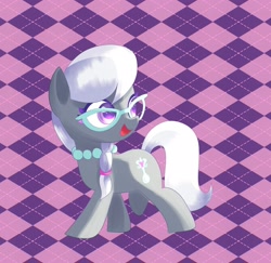 Size: 2160x2100 | Tagged: safe, artist:andromedasparkz, derpibooru import, silver spoon, earth pony, pony, braid, braided ponytail, cute, female, filly, foal, glasses, happy, jewelry, necklace, open mouth, open smile, patterned background, ponytail, silverbetes, smiling, solo
