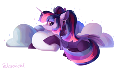 Size: 5333x3000 | Tagged: safe, artist:neonishe, derpibooru import, twilight sparkle, twilight sparkle (alicorn), alicorn, pony, clothes, collar, commission, pillow, shirt, simple background, socks, solo, white background