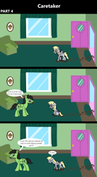 Size: 1920x3516 | Tagged: safe, artist:platinumdrop, derpibooru import, derpy hooves, oc, oc:anon, oc:anon stallion, pegasus, pony, comic:caretaker, 3 panel comic, angry, caretaker, comic, commission, covered in mud, crying, door, ears, excited, female, filly, filly derpy, floppy ears, flower, foal, food, front door, happy, living room, mud, muddy, muffin, open door, open mouth, painting, picture frame, plant, sad, scolding, sitting, smiling, sofa, speech, speech bubble, spread wings, stern, talking, vase, walking, window, wings, yelling, younger