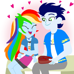 Size: 1400x1400 | Tagged: safe, artist:mlplary6, derpibooru import, rainbow dash, soarin', human, equestria girls, boyfriend and girlfriend, eyes closed, female, heart, love, male, shipping, sitting, smiling, soarindash, straight