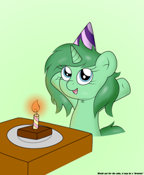 Size: 2550x3109 | Tagged: safe, artist:sparkfler85, derpibooru exclusive, derpibooru import, oc, oc only, oc:sparkling cogs, pony, unicorn, birthday, brownies, candle, female, food, happy, hat, party hat, simple background, smiling, solo, spread hooves