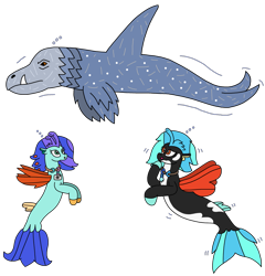 Size: 2069x2154 | Tagged: safe, artist:supahdonarudo, derpibooru import, oc, oc only, oc:icebeak, oc:sea lilly, seapony (g4), bubble, camera, jewelry, looking up, necklace, scared, sea monster, simple background, transparent background