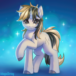 Size: 2000x2000 | Tagged: safe, artist:adagiostring, derpibooru import, oc, oc only, pony, unicorn, abstract background, aleph, horn, looking at you, raised hoof, raised leg, smiling, smiling at you, solo, unicorn oc