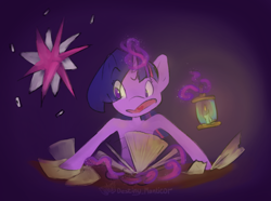 Size: 1196x890 | Tagged: safe, artist:destiny_manticor, derpibooru import, twilight sparkle, pony, unicorn, book, candle, cutie mark, dark background, female, lantern, looking at something, magic, paper, solo