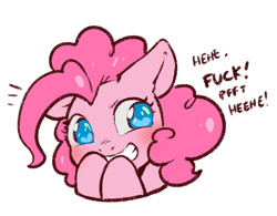 Size: 1106x863 | Tagged: safe, artist:cold-blooded-twilight, derpibooru import, pinkie pie, earth pony, pony, bad word, blushing, dialogue, female, giggling, heart, heart eyes, mare, simple background, smiling, solo, transparent background, vulgar, wingding eyes