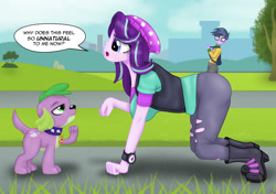 Size: 1280x903 | Tagged: safe, artist:lennondash, derpibooru import, microchips, spike, starlight glimmer, dog, human, equestria girls, all fours, beanie, boots, breasts, clothes, collar, dialogue, eyes on the prize, female, hat, humans doing horse things, male, open mouth, pants, ripped pants, shoes, side view, speech bubble, spike the dog, spiked collar, starlight jiggler, talking, torn clothes, vest, watch, wristwatch