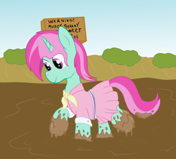 Size: 2000x1800 | Tagged: safe, artist:amateur-draw, derpibooru import, oc, oc only, oc:belle boue, unicorn, camping outfit, clothes, crossdressing, dress, male, mud, mud bath, mud play, muddy, muddy hooves, quarry, quicksand, sign, simple background, solo, stallion, wet and messy