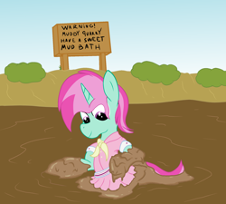 Size: 2000x1800 | Tagged: safe, artist:amateur-draw, derpibooru import, oc, oc only, oc:belle boue, unicorn, camping outfit, clothes, crossdressing, dress, male, mud, mud bath, mud play, muddy, quarry, quicksand, simple background, sinking, solo, stallion, wet and messy