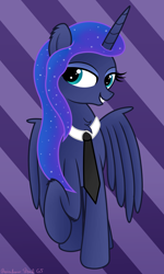 Size: 2416x4032 | Tagged: safe, artist:rainbowšpekgs, derpibooru import, princess luna, alicorn, pony, female, looking at you, mare, necktie, smiling, solo, spread wings, standing, wings