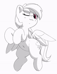Size: 2563x3294 | Tagged: safe, artist:pabbley, derpibooru import, rainbow dash, pegasus, pony, belly button, cute, dashabetes, grayscale, looking at you, looking down, looking down at you, monochrome, one eye closed, partial color, simple background, smiling, smiling at you, solo, white background