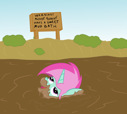 Size: 2000x1800 | Tagged: safe, artist:amateur-draw, derpibooru import, oc, oc only, oc:belle boue, unicorn, camping outfit, clothes, crossdressing, dress, male, mud, mud bath, mud play, muddy, quarry, quicksand, sign, simple background, sinking, solo, stallion