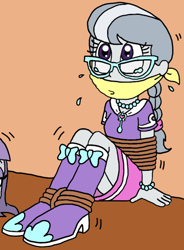 Size: 612x833 | Tagged: safe, artist:bugssonicx, derpibooru import, edit, silver spoon, human, equestria girls, bondage, bound and gagged, cloth gag, cropped, gag, kidnapped, offscreen character, scared, solo focus, teary eyes, tied up, worried