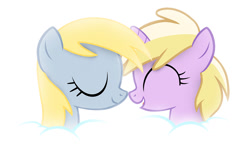 Size: 1280x768 | Tagged: safe, derpibooru import, derpy hooves, dinky hooves, pegasus, unicorn, g4, cloud, duo, duo female, eyes closed, female, filly, foal, mare, mother and child, mother and daughter, open mouth, open smile, parent and child, smiling