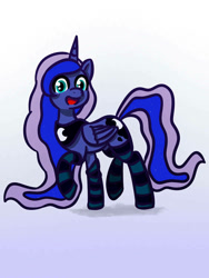Size: 750x1000 | Tagged: safe, artist:rockset, princess luna, alicorn, pony, female, gradient background, looking at you, mare, open mouth, open smile, peytral, smiling, smiling at you, socks, solo, striped socks