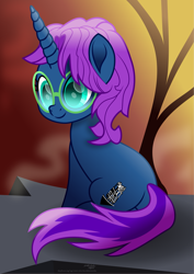 Size: 4801x6773 | Tagged: safe, artist:lincolnbrewsterfan, derpibooru import, oc, oc only, oc:train station, pony, unicorn, my little pony: the movie, rainbow roadtrip, .svg available, artwork, butt, cliff, cloud, cute, cyan eyes, female, forelock, gift art, glasses, head turn, highlights, horn, inkscape, long horn, looking at something, looking forward, mare, minimalist, mist, movie accurate, nc-tv signature, ocbetes, outdoors, plot, ponysona, present, profile picture, purple hair, purple mane, purple tail, rear view, rock, shading, signature, sitting, solo, sunset, svg, tail, tail wrap, teal eyes, three quarter view, train, tree, turquoise eyes, two toned tail, unicorn oc, vector, website, welcome