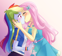 Size: 900x810 | Tagged: safe, artist:riouku, derpibooru import, fluttershy, rainbow dash, human, better together, equestria girls, blushing, duo, duo female, eyebrows, eyebrows visible through hair, eyes closed, eyeshadow, female, flutterdash, fluttershy boho dress, gradient background, hairclip, kissing, lesbian, makeup, pink background, shipping, simple background, wide eyes, wristband