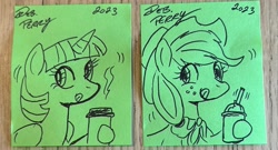 Size: 2387x1292 | Tagged: safe, artist:debmervin, derpibooru import, applejack, twilight sparkle, twilight sparkle (alicorn), alicorn, sticky note, tongue, tongue out, traditional art