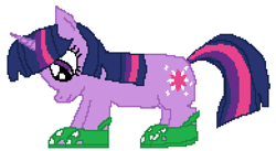 Size: 975x535 | Tagged: safe, artist:saturnpone, derpibooru import, twilight sparkle, unicorn twilight, pony, unicorn, crocs, looking down, pixel art, simple background, solo, twilight crockle, white background