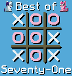 Size: 1300x1360 | Tagged: safe, artist:silk-rose, derpibooru import, pinkie pie, rarity, blue background, cover, cover art, drop shadow, pixel art, simple background, text, tic tac toe, upscaled