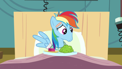 Size: 1920x1080 | Tagged: safe, derpibooru import, screencap, rainbow dash, pegasus, pony, read it and weep, season 2, bandage, bed, blanket, broken wing, clothes, faic, female, food, hospital, hospital bed, hospital gown, hospital room, jello, mare, plate, ponyville hospital, rainbow dash is best facemaker, solo, why the long face, wings