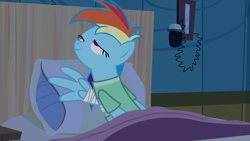 Size: 1920x1080 | Tagged: safe, derpibooru import, screencap, rainbow dash, pegasus, pony, read it and weep, season 2, bed, clothes, female, hospital, hospital bed, hospital gown, hospital room, lidded eyes, mare, not what it looks like, out of context, ponyville hospital, solo