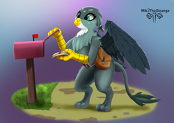 Size: 2047x1447 | Tagged: safe, artist:mik3thestrange, derpibooru import, gabby, griffon, bag, beak, eyelashes, feathered wings, female, hair tie, leonine tail, letter, mail, mailbag, mailbox, majestic, solo, spread wings, standing, tail, wings