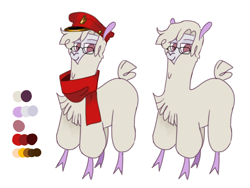 Size: 2048x1536 | Tagged: safe, artist:nonameorous, derpibooru import, oc, oc only, oc:nonameorous, alpaca, them's fightin' herds, clothes, cloven hooves, community related, glasses, hat, looking at you, scarf, simple background, smiling, solo, standing, white background