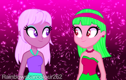 Size: 1915x1220 | Tagged: safe, artist:rainbowstarcolour262, derpibooru import, oc, oc only, oc:zina pearl, human, equestria girls, bare shoulders, clothes, dress, duo, duo female, ear piercing, earring, eyeshadow, female, gradient background, headband, jewelry, makeup, necklace, pearl necklace, piercing, purple eyes, red eyes, signature, sleeveless, sleeveless dress, strapless, strapless dress