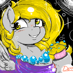 Size: 512x512 | Tagged: safe, artist:thelunarmoon, derpibooru import, derpy hooves, pegasus, pony, blushing, female, food, grin, jewelry, mare, muffin, necklace, smiling, solo