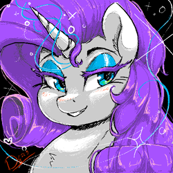 Size: 512x512 | Tagged: safe, artist:seabornerodent, artist:thelunarmoon, derpibooru import, rarity, pony, unicorn, collaboration, black background, bust, female, glowing, glowing horn, grin, horn, mare, seductive look, signature, simple background, smiling, solo