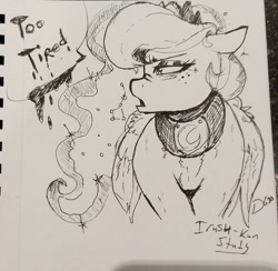 Size: 1541x1507 | Tagged: safe, artist:thelunarmoon, derpibooru import, princess luna, alicorn, pony, a royal problem, bags under eyes, constellation, female, freckles, grayscale, head turn, mare, monochrome, nose wrinkle, signature, solo, style emulation, tired, traditional art