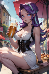 Size: 1024x1536 | Tagged: safe, ai content, derpibooru import, generator:seaart.ai, machine learning generated, starlight glimmer, human, breasts, clothes, drink, female, humanized, looking at you, milkshake, prompter:foylertf, sitting, solo, starlight jiggler