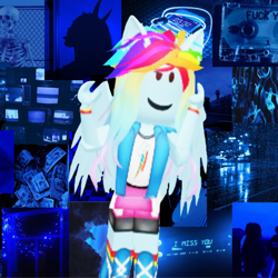 Size: 1280x1280 | Tagged: safe, derpibooru import, rainbow dash, human, equestria girls, g4, armband, blue background, bone, boots, cellphone, checkered floor, city, clothes, cloud, complex background, converse, cutie mark, cutie mark on clothes, cycling shorts, devil horns, eyebrows, female, fire, hand on head, horns, house, iphone, irl, jacket, lightning, lights, long hair, long socks, money, multicolored hair, open mouth, people, phone, photo, pony ears, rain, raised arm, roblox, roof, room, shirt, shoes, shorts, simple background, skeleton, skirt, skull, sky, smartphone, smiling, socks, solo, standing, static, straight hair, television, text, tongue, tongue out, vhs, vulgar, waving, window, wings, wires