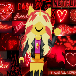Size: 1280x1280 | Tagged: safe, derpibooru import, sunset shimmer, equestria girls, g4, boots, closed mouth, clothes, complex background, concert, crowd, dollar sign, exit, exit sign, female, fire, flower, glowing, heart, horn, irl, jacket, leather, leather jacket, lightning, long hair, long sleeves, moon, multicolored hair, netflix, people, petals, photo, pinterest, pony ears, raised arm, red background, roblox, rose, shirt, shoes, simple background, skirt, smiling, solo, standing, stars, striped clothes, striped skirt, sun, text, waving, wavy hair