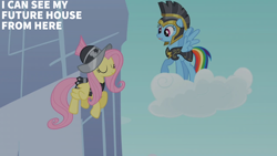 Size: 2000x1125 | Tagged: safe, derpibooru import, edit, edited screencap, editor:quoterific, screencap, commander hurricane, fluttershy, private pansy, rainbow dash, hearth's warming eve (episode), armor, cloud, on a cloud, standing on a cloud