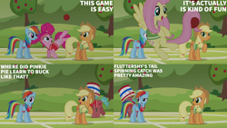 Size: 2000x1125 | Tagged: safe, derpibooru import, edit, edited screencap, editor:quoterific, screencap, applejack, fluttershy, pinkie pie, rainbow dash, buckball season, apple, apple tree, buckball field, tree